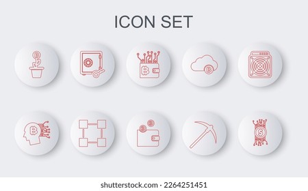 Set line Cryptocurrency bitcoin in circuit, Bitcoin think, wallet, Pickaxe, plant the pot, Proof of stake, Blockchain technology and  icon. Vector