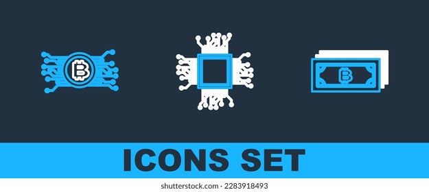 Ajuste la línea de bitcoin Cryptocurrency, circuito y cerebro como icono de tablero digital. Vector
