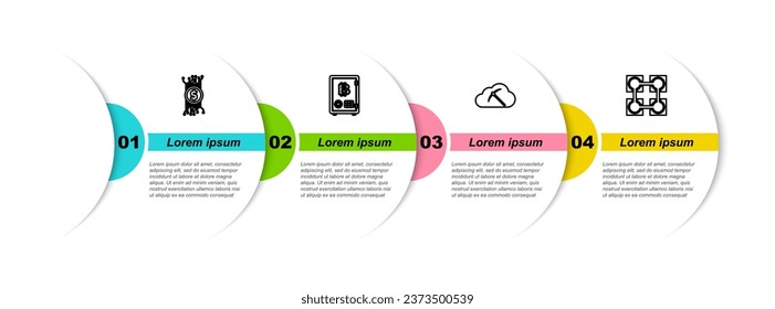 Set line Cryptocurrency bitcoin in circuit, Proof of stake, cloud mining and Blockchain technology. Business infographic template. Vector