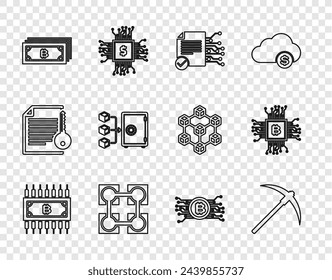 Set line Cryptocurrency bitcoin with circuit, Pickaxe, Smart contract, Blockchain technology, Proof of stake,  and CPU mining farm icon. Vector