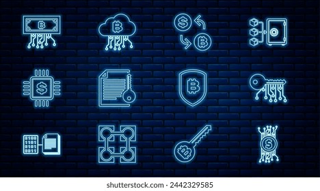 Set line Cryptocurrency bitcoin in circuit, key, exchange, Smart contract, Processor chip with dollar, Shield and cloud mining icon. Vector
