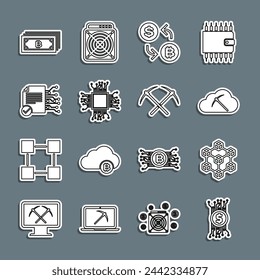 Set line Cryptocurrency bitcoin in circuit, Blockchain technology, cloud mining, exchange, Processor, Smart contract,  and Crossed pickaxe icon. Vector