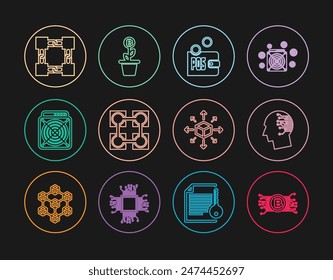 Set line Cryptocurrency bitcoin in circuit, Brain as digital board, Proof of stake, Blockchain technology, ASIC Miner, Distribution and Bitcoin plant the pot icon. Vector