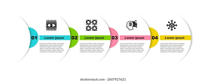 Set line Cryptocurrency bitcoin with circuit, Blockchain technology, Bitcoin think and Distribution. Business infographic template. Vector