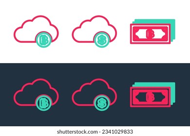 Establecer línea de bitcoin Cryptocurrency, minería en la nube e icono. Vector