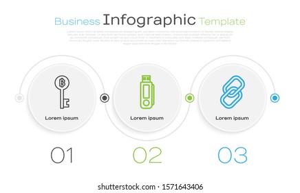 Set line Cryptocurrency Bitcoin key, USB flash drive and Chain link. Business infographic template. Vector