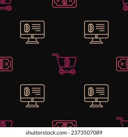 Set line Cryptocurrency bitcoin, Mining from monitor and Shopping cart with on seamless pattern. Vector