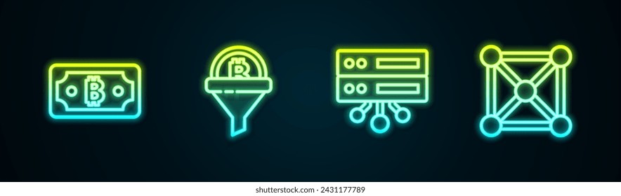 Set line Cryptocurrency bitcoin, Sales funnel with, Server and Blockchain technology. Glowing neon icon. Vector