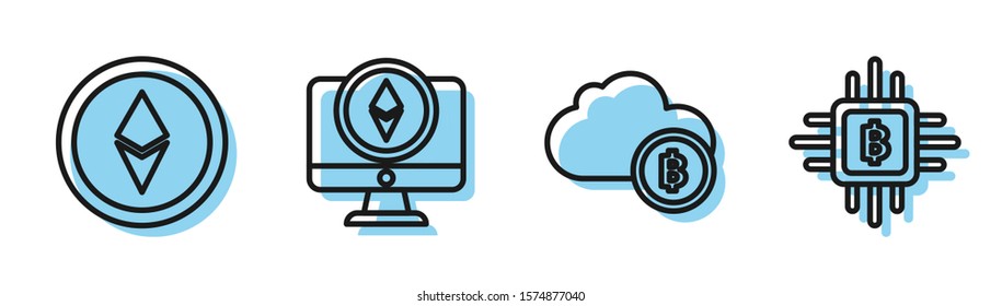 Set line Cryptocurrency cloud mining, Cryptocurrency coin Ethereum ETH, Monitor and Cryptocurrency coin Ethereum ETH and CPU mining farm icon. Vector