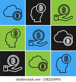 Set line Cryptocurrency cloud mining, Hand holding Bitcoin and Bitcoin think icon. Vector