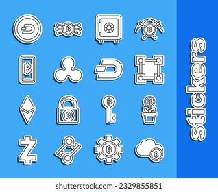 Set line Cryptocurrency cloud mining, Bitcoin plant the pot, Blockchain technology, Safe, Ripple XRP, Phone mobile and cryptocurrency, Dash and  icon. Vector