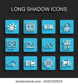 Set line Cryptocurrency cloud mining, Smart contract, ASIC Miner, CPU farm, Mining with laptop and pickaxe, wallet and  icon. Vector