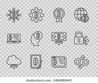 Set line Cryptocurrency cloud mining, key, Bitcoin, Mining bitcoin from tablet, Blockchain technology, think, browser and Lock with icon. Vector - Powered by Shutterstock - Get 15% off with code: PIKWIZARD15