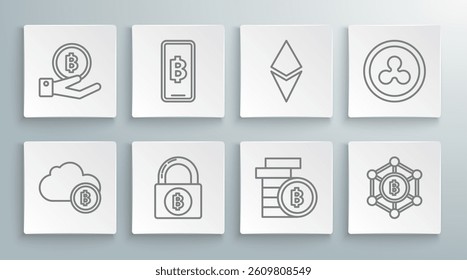 Set line Cryptocurrency cloud mining, Phone mobile and cryptocurrency coin Bitcoin, Lock with bitcoin, Blockchain technology, Ethereum ETH, Ripple XRP and Hand holding icon. Vector
