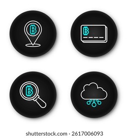 Set line Cryptocurrency cloud mining, Magnifying glass with Bitcoin, Credit card bitcoin and  icon. Vector
