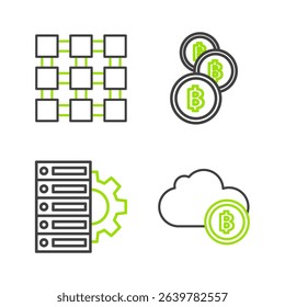 Set line Cryptocurrency cloud mining, Server and gear, coin Bitcoin and Blockchain technology icon. Vector