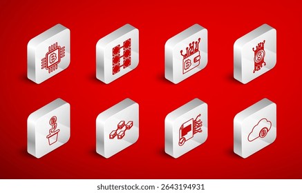 Set line Cryptocurrency cloud mining, Mining farm, wallet, bitcoin circuit, Smart contract, CPU, Blockchain technology and Bitcoin plant the pot icon. Vector