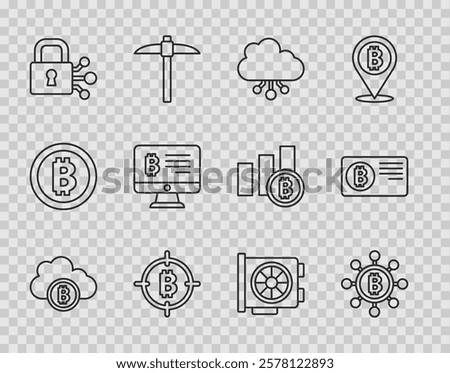 Set line Cryptocurrency cloud mining, Blockchain technology Bitcoin, the target, Lock with bitcoin, Mining from monitor, Video graphic card and Credit icon. Vector