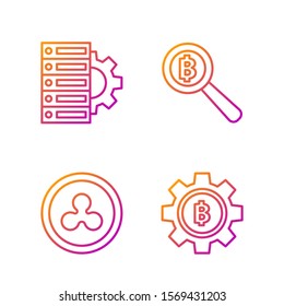 Set line Cryptocurrency coin Bitcoin, Cryptocurrency coin Ripple XRP, Server and gear and Magnifying glass with Bitcoin. Gradient color icons. Vector