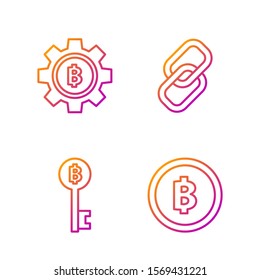 Set line Cryptocurrency coin Bitcoin, Cryptocurrency Bitcoin key, Cryptocurrency coin Bitcoin and Chain link. Gradient color icons. Vector
