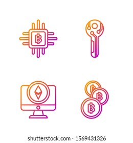 Set line Cryptocurrency coin Bitcoin, Monitor and Cryptocurrency coin Ethereum ETH, CPU mining farm and Cryptocurrency key. Gradient color icons. Vector