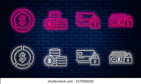 Set line Cryptocurrency coin Bitcoin, Credit card with lock, Coin money with dollar symbol and Money with lock. Glowing neon icon on brick wall. Vector