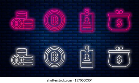 Set line Cryptocurrency coin Bitcoin, Identification badge, Cryptocurrency coin Bitcoin and Wallet with with dollar symbol. Glowing neon icon on brick wall. Vector