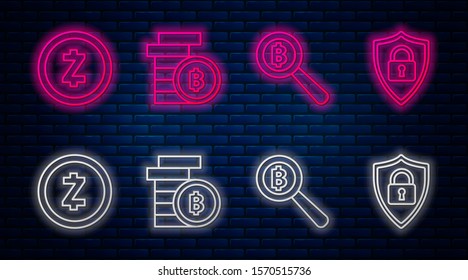 Set line Cryptocurrency coin Bitcoin, Magnifying glass with Bitcoin, Cryptocurrency coin Zcash ZEC and Shield security with lock. Glowing neon icon on brick wall. Vector