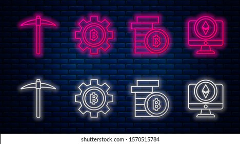 Set line Cryptocurrency coin Bitcoin, Cryptocurrency coin Bitcoin, Pickaxe and Monitor and Cryptocurrency coin Ethereum ETH. Glowing neon icon on brick wall. Vector