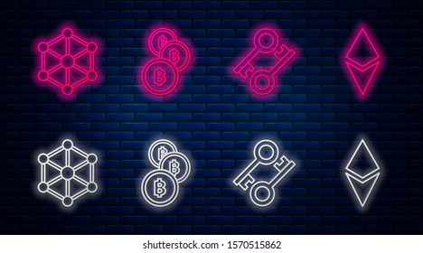 Set line Cryptocurrency coin Bitcoin, Cryptocurrency key, Blockchain technology and Cryptocurrency coin Ethereum ETH. Glowing neon icon on brick wall. Vector