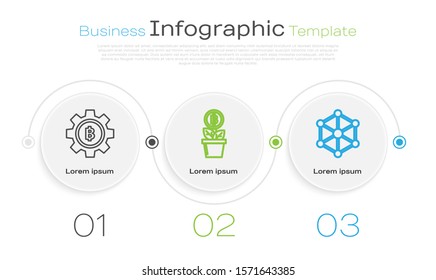 Set line Cryptocurrency coin Bitcoin, Bitcoin plant in the pot and Blockchain technology. Business infographic template. Vector