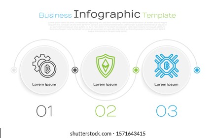Set line Cryptocurrency coin Bitcoin, Shield Ethereum ETH and CPU mining farm. Business infographic template. Vector