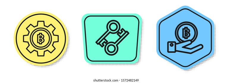 Set line Cryptocurrency coin Bitcoin, Cryptocurrency key and Hand holding Bitcoin. Colored shapes. Vector