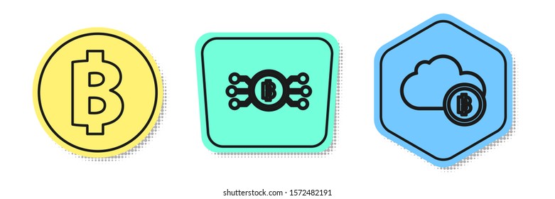 Set line Cryptocurrency coin Bitcoin, Cryptocurrency bitcoin in circle with microchip circuit and Cryptocurrency cloud mining. Colored shapes. Vector