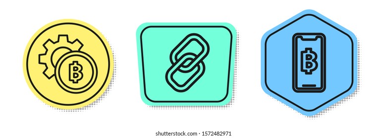 Set line Cryptocurrency coin Bitcoin, Chain link and Phone mobile and cryptocurrency coin Bitcoin. Colored shapes. Vector