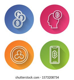 Set line Cryptocurrency coin Bitcoin, Bitcoin think, Cryptocurrency coin Ripple XRP and Phone mobile and cryptocurrency coin Bitcoin. Color circle button. Vector