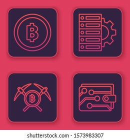 Set line Cryptocurrency coin Bitcoin, Crossed pickaxe, Server and gear and Cryptocurrency wallet. Blue square button. Vector