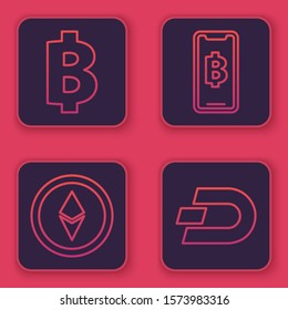 Set line Cryptocurrency coin Bitcoin, Cryptocurrency coin Ethereum ETH, Phone mobile and cryptocurrency coin Bitcoin and Cryptocurrency coin Dash. Blue square button. Vector