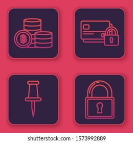 Set line Cryptocurrency coin Bitcoin, Push pin, Credit card with lock and Lock. Blue square button. Vector