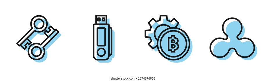 Set line Cryptocurrency coin Bitcoin, Cryptocurrency key, USB flash drive and Cryptocurrency coin Ripple XRP icon. Vector