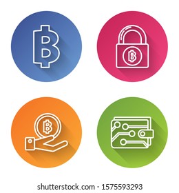 Set line Cryptocurrency coin Bitcoin, Lock with bitcoin, Hand holding Bitcoin and Cryptocurrency wallet. Color circle button. Vector