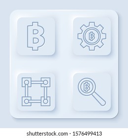 Set line Cryptocurrency coin Bitcoin, Cryptocurrency coin Bitcoin, Blockchain technology and Magnifying glass with Bitcoin. White square button. Vector