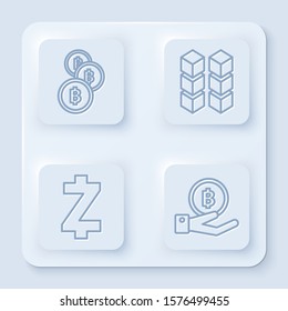 Set line Cryptocurrency coin Bitcoin, Blockchain technology, Cryptocurrency coin Zcash ZEC and Hand holding Bitcoin. White square button. Vector