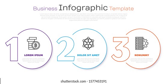 Set line Cryptocurrency coin Bitcoin, Blockchain technology and Server and gear. Business infographic template. Vector