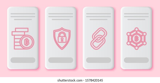 Set line Cryptocurrency coin Bitcoin, Shield security with lock, Chain link and Blockchain technology Bitcoin. White rectangle button. Vector