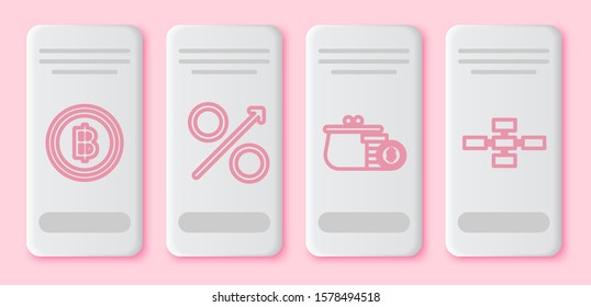 Set line Cryptocurrency coin Bitcoin, Percent up arrow, Wallet with coins and Business hierarchy organogram chart infographics. White rectangle button. Vector