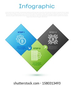 Set line Cryptocurrency coin Bitcoin, CPU mining farm, Server and gear and Shield Ethereum ETH. Business infographic template. Vector