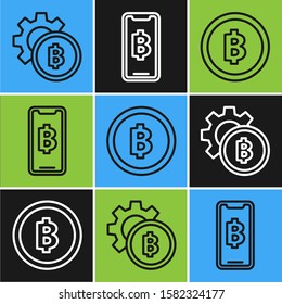 Set line Cryptocurrency coin Bitcoin, Cryptocurrency coin Bitcoin and Phone mobile and cryptocurrency coin Bitcoin icon. Vector