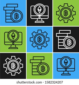 Set line Cryptocurrency coin Bitcoin, Cryptocurrency coin Bitcoin and Monitor and Cryptocurrency coin Ethereum ETH icon. Vector