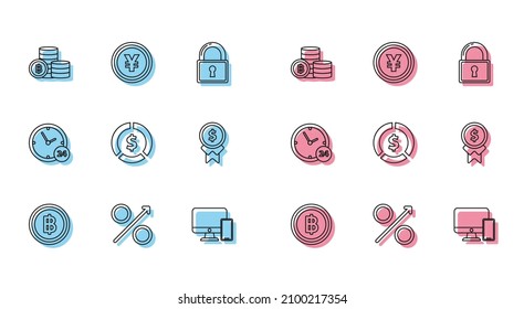 Set line Cryptocurrency coin Bitcoin, Percent up arrow, Computer monitor and mobile phone, Coin money with dollar symbol, Reward for good work, Clock 24 hours and Yen icon. Vector